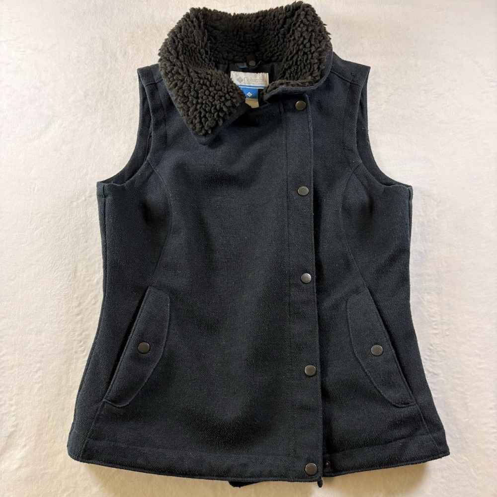 Columbia Interchange Vest Womens Medium Black Sherpa Collar Wool Blend‎ Snap Zip